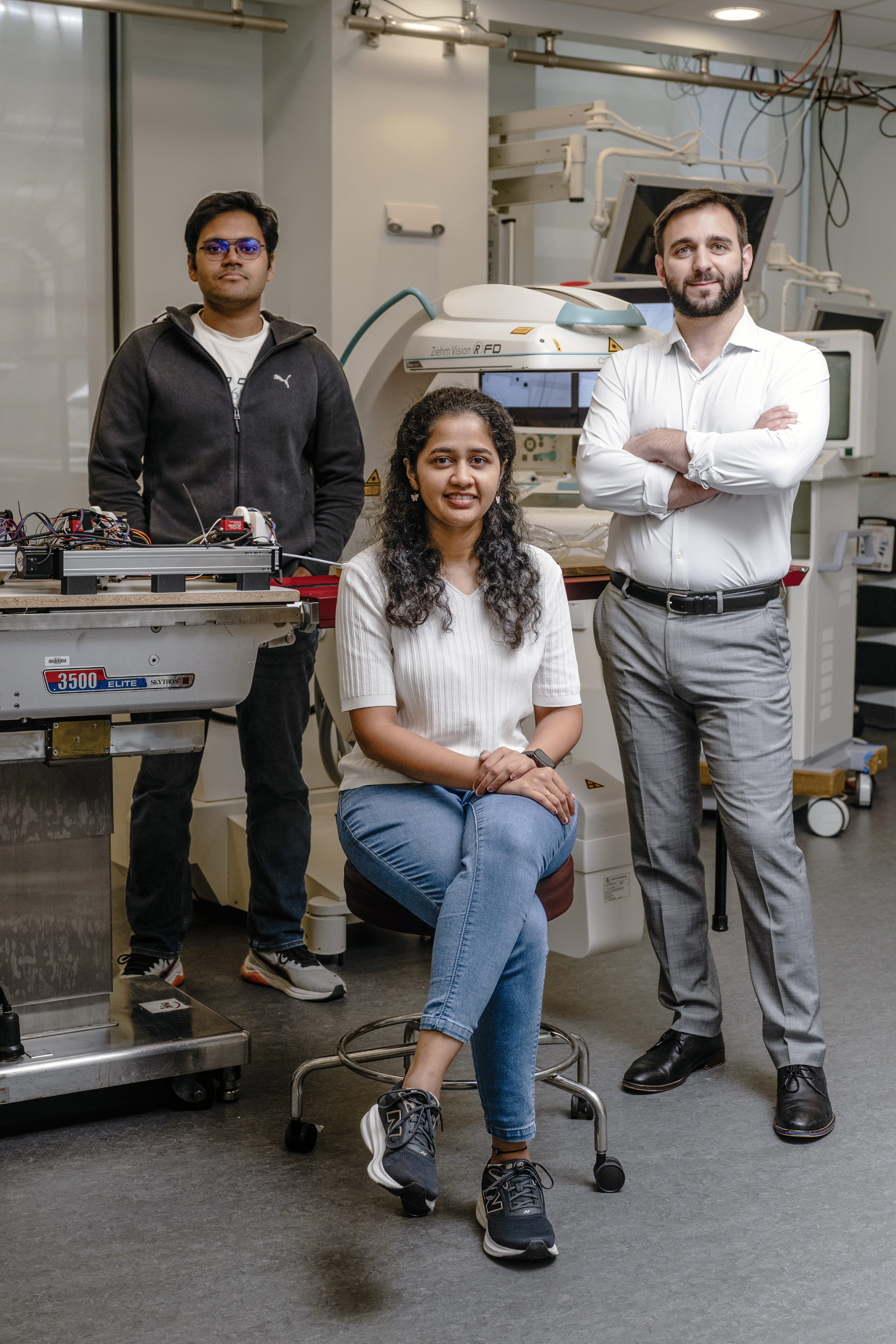 Shresth (left), PhD student Aabha Tamhankar (center), and PI Giovanni Pittiglio (right).